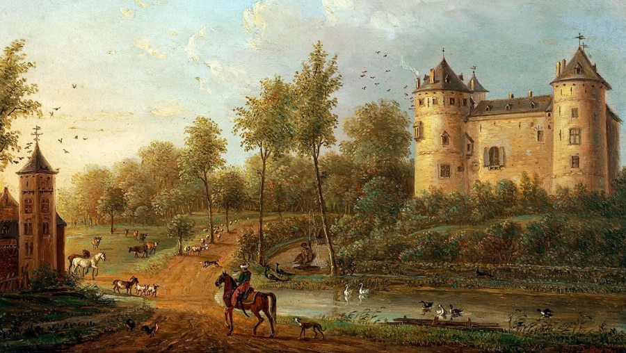 Schilderij met een man te paard en het Kasteel van Gaasbeek in de achtergrond