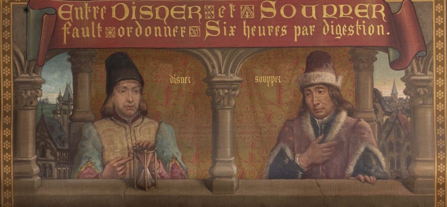 Een wandschildering uit de eetkamer van het kasteel met het opschrift: 'Entre disner et soupper, fault ordonnez six heures pas digéstion'